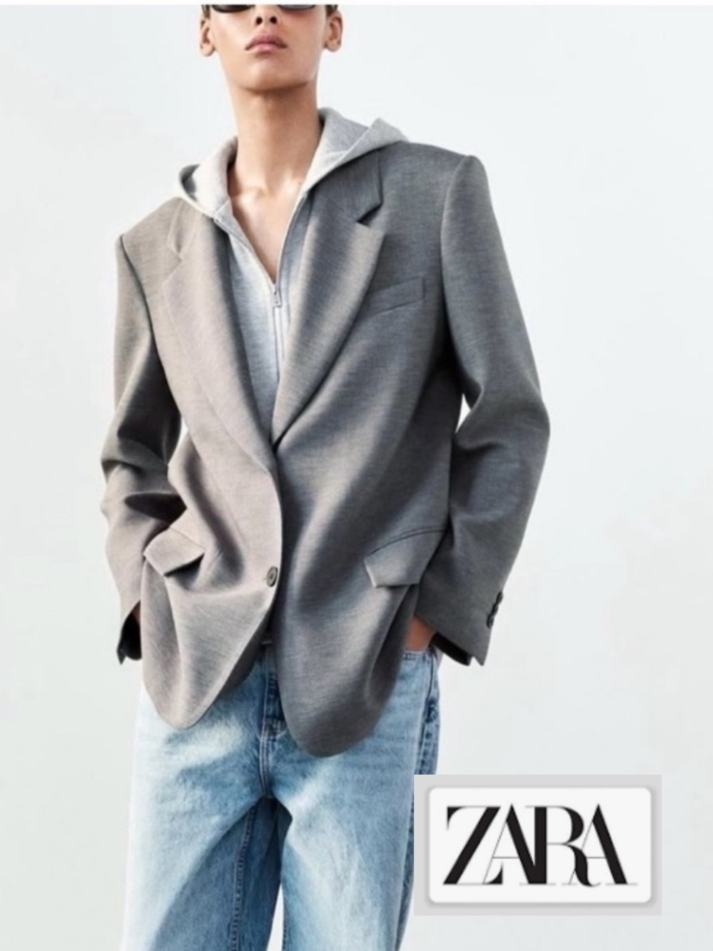 Zara grey suit coat with grey hoodie zip up attached, XL, GP1570